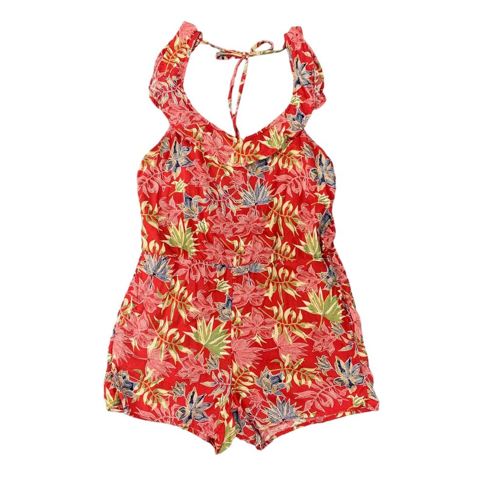 Roxy Temple Of Tropics Strappy Romper Womens M Red Floral Elastic Waist Ruffles